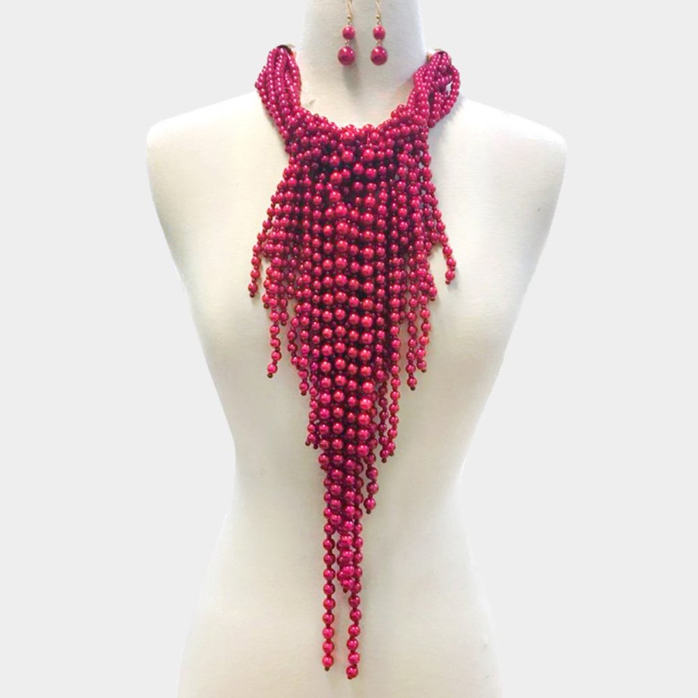 Elegant Statement Fringe Chunky Pearl Necklace Set